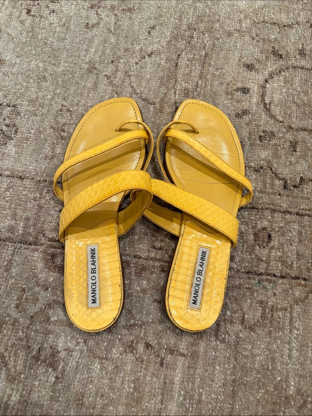 Manolo Blahnik Yellow Crisscross Leather Slide Sandals